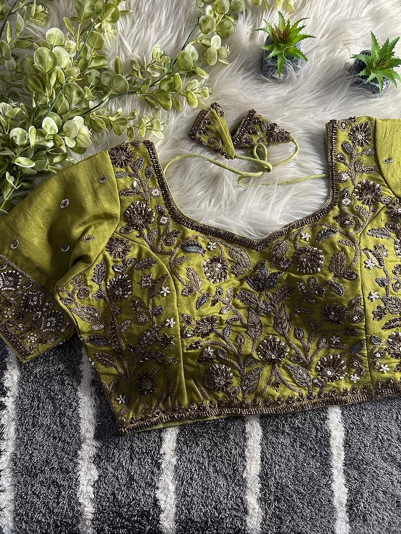 Mehndi Color Handwork Blouse with Stars & Beads Bridal Blouse