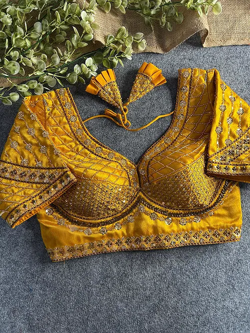 Yellow Color Handwork & Sequence Italian Silk Bridal Blouse