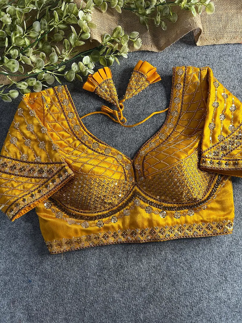 Yellow Color Handwork & Sequence Italian Silk Bridal Blouse