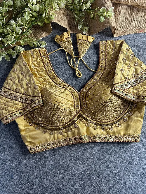 Gold Color Handwork & Sequence Italian Silk Bridal Blouse