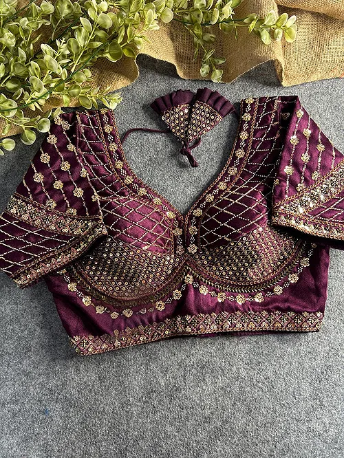Wine Color Handwork & Sequence Italian Silk Bridal Blouse