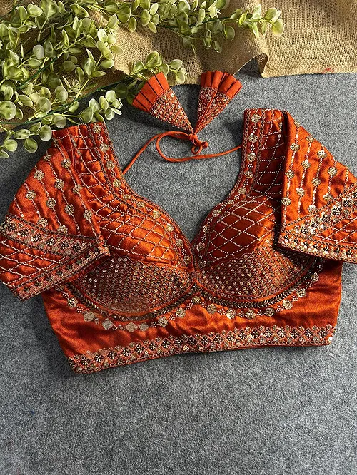 Copper Color Handwork & Sequence Italian Silk Bridal Blouse