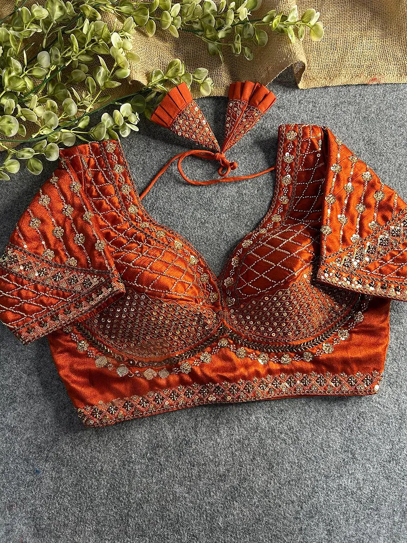 Copper Color Handwork & Sequence Italian Silk Bridal Blouse