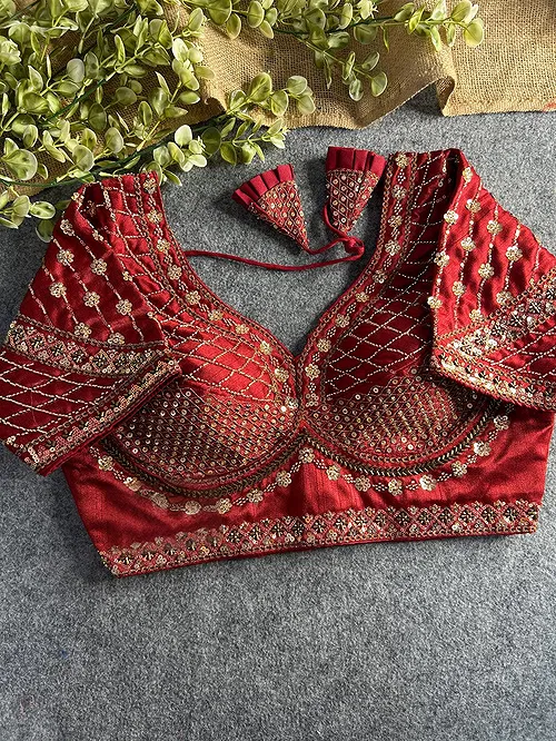 Maroon Color Handwork & Sequence Italian Silk Bridal Blouse