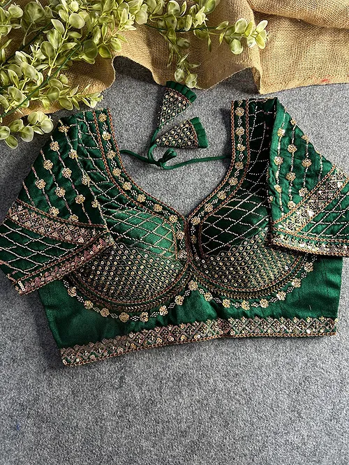 Green Color Handwork & Sequence Italian Silk Bridal Blouse