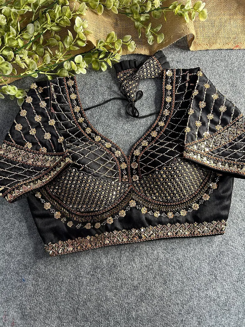 Black Color Handwork & Sequence Italian Silk Bridal Blouse
