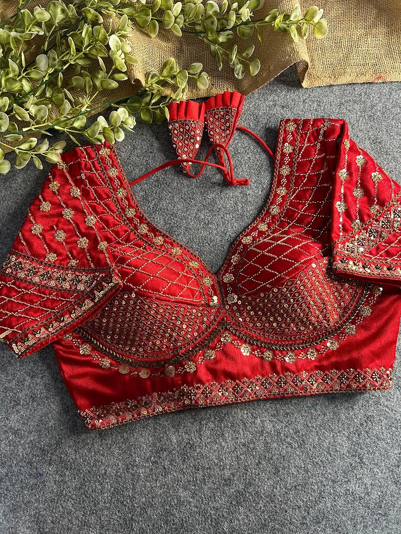 Red Color Handwork & Sequence Italian Silk Bridal Blouse