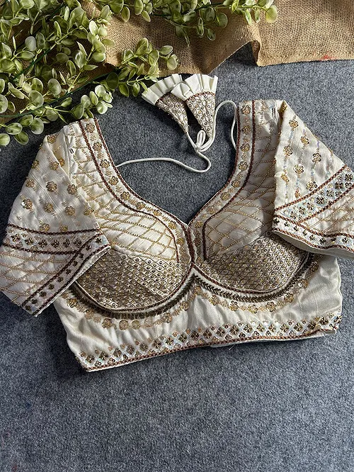 White Color Handwork & Sequence Italian Silk Bridal Blouse