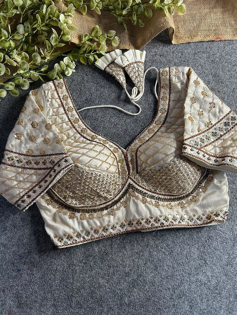 White Color Handwork & Sequence Italian Silk Bridal Blouse