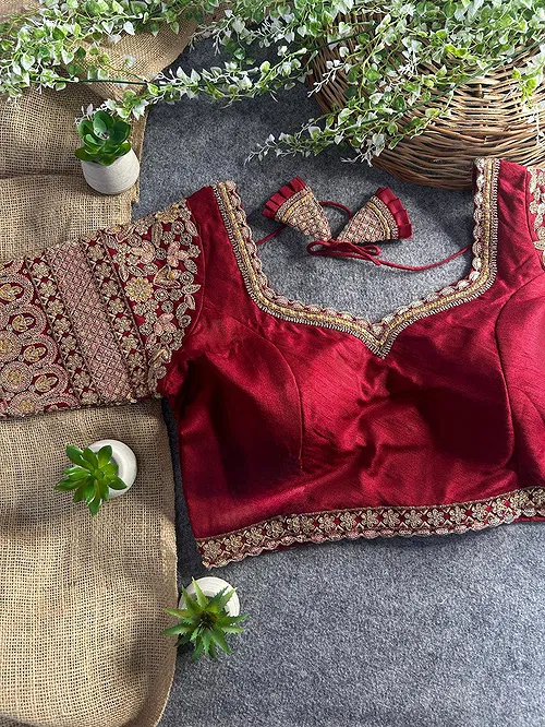 Maroon Color Bridal Italian Silk Embroidered Blouse
