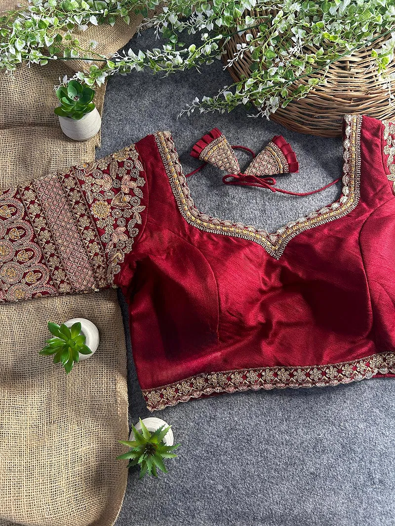 Maroon Color Bridal Italian Silk Embroidered Blouse