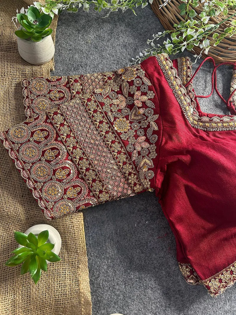 Maroon Color Bridal Italian Silk Embroidered Blouse