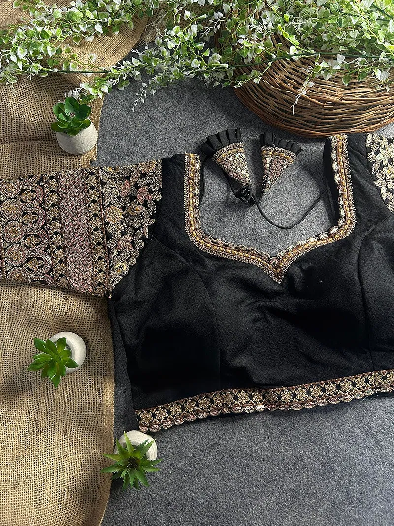 Black Color Bridal Italian Silk Embroidered Blouse