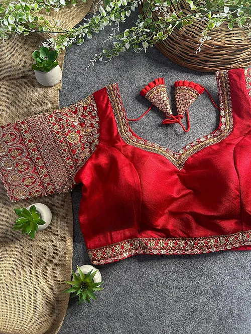 Red Color Bridal Italian Silk Embroidered Blouse