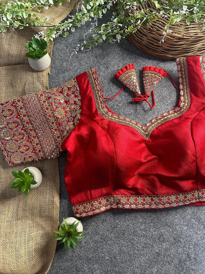 Red Color Bridal Italian Silk Embroidered Blouse