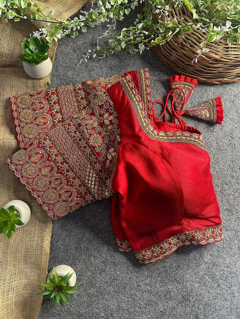 Red Color Bridal Italian Silk Embroidered Blouse