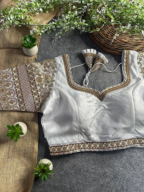 White Color Bridal Italian Silk Embroidered Blouse