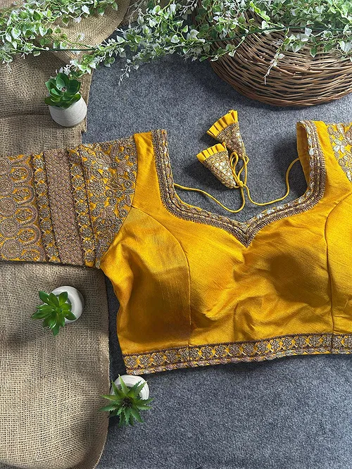 Yellow Color Bridal Italian Silk Embroidered Blouse