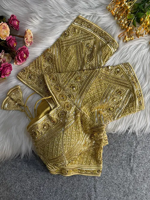 Gold Color Designer Partywear Blouse with Heavy Beads Work in Georgette