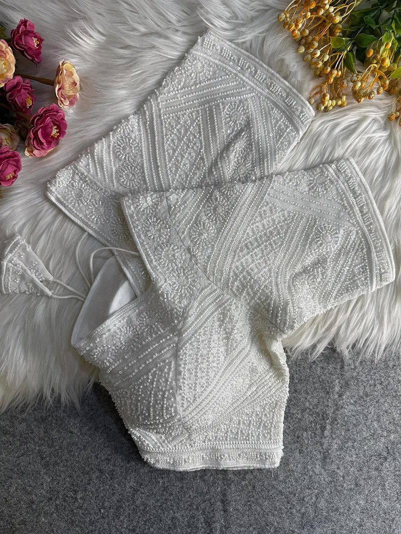White Color Designer Partywear Blouse with Heavy Beads Work in Georgette