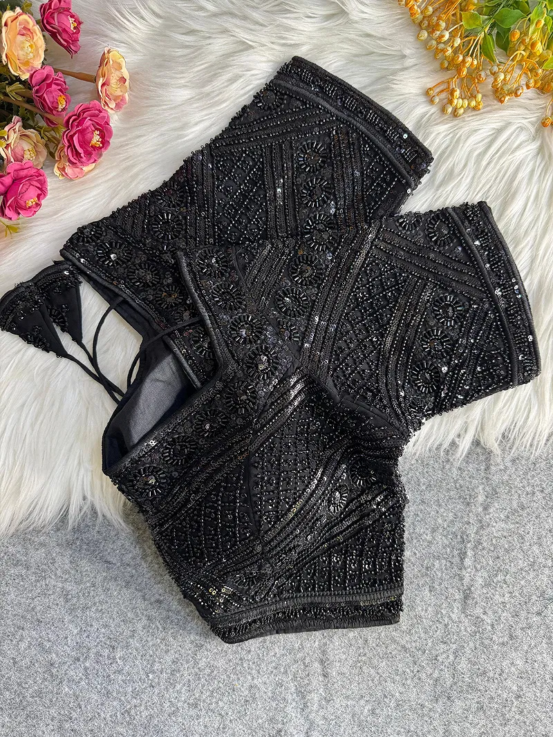 Black Color Designer Partywear Blouse with Heavy Beads Work in Georgette
