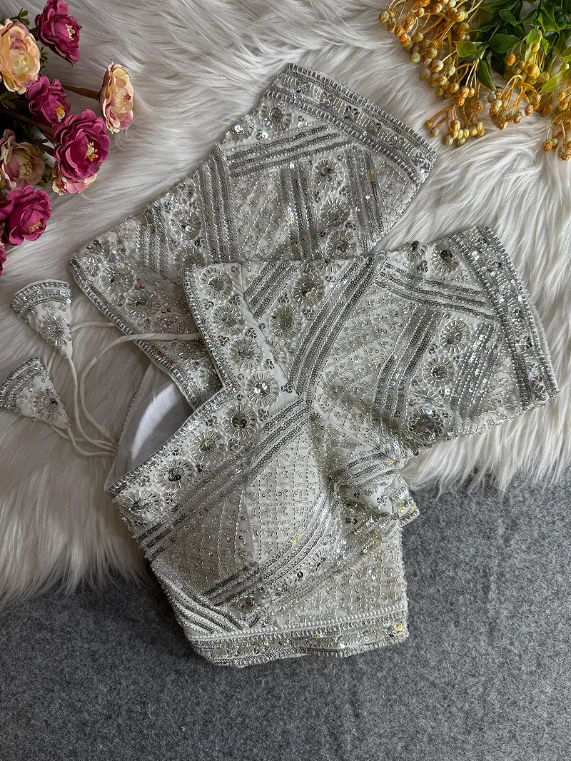 Silver Color Designer Partywear Blouse with Heavy Beads Work in Georgette