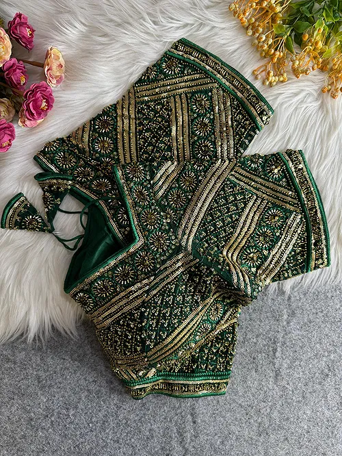 Green Color Designer Partywear Blouse with Heavy Beads Work in Georgette
