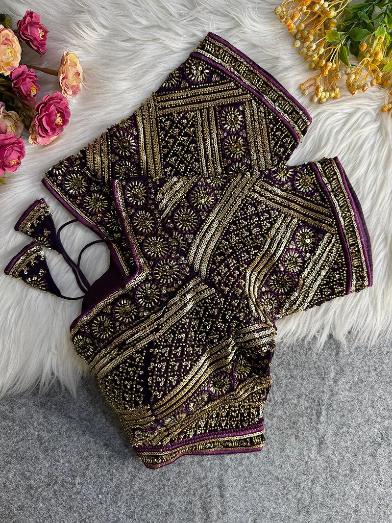 Wine Color Designer Partywear Blouse with Heavy Beads Work in Georgette