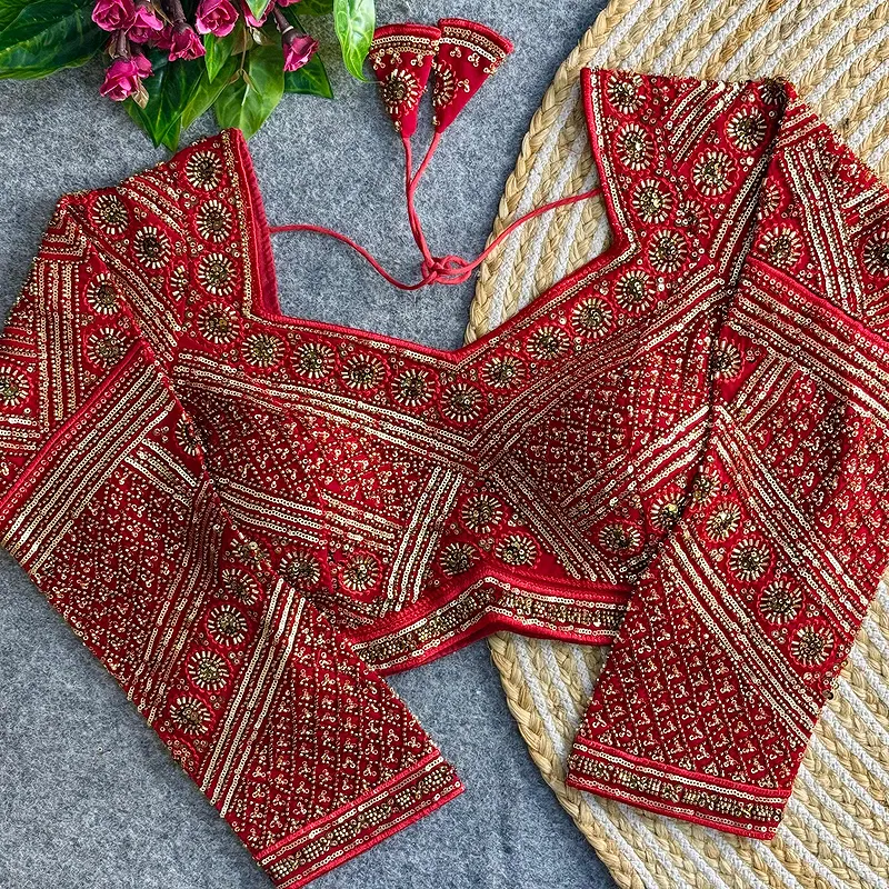 Red Color Heavy Beads Work Full Sleeve Georgette Blouse