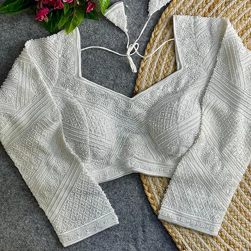 White Color Heavy Beads Work Full Sleeve Georgette Blouse