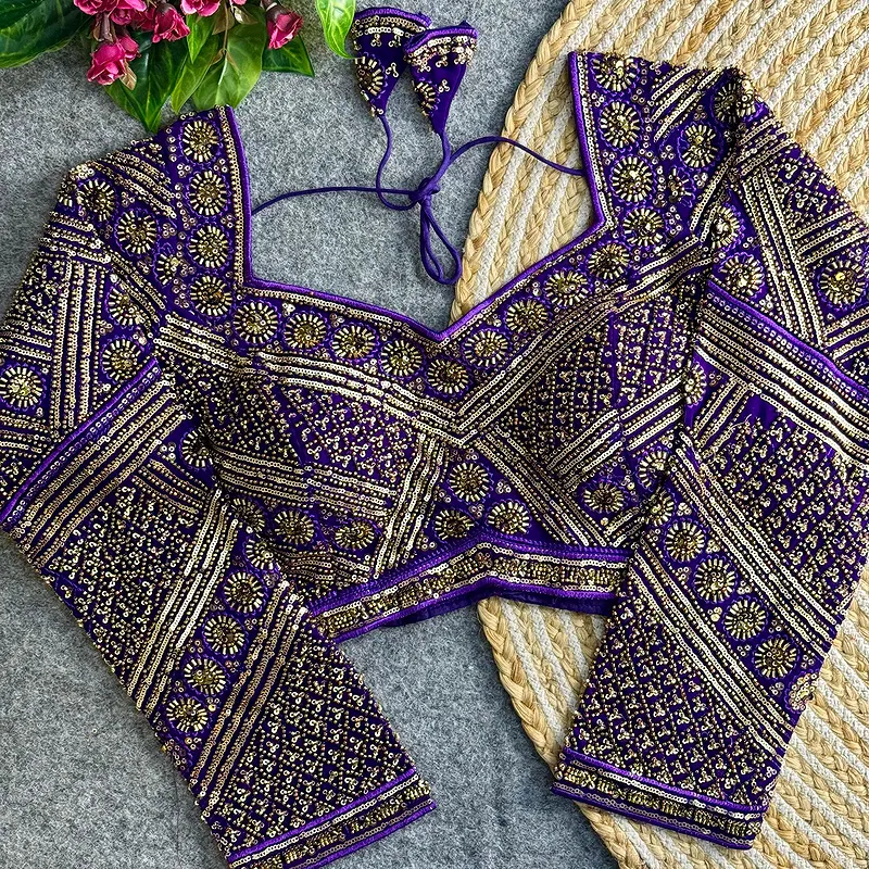 Purple Color Heavy Beads Work Full Sleeve Georgette Blouse