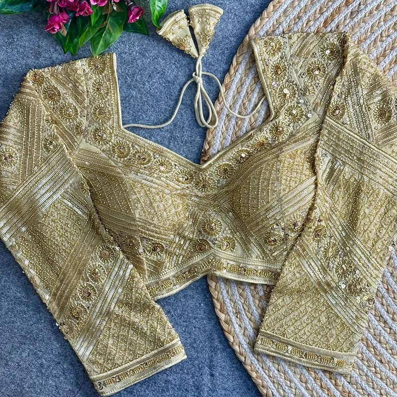 Gold Color Heavy Beads Work Full Sleeve Georgette Blouse