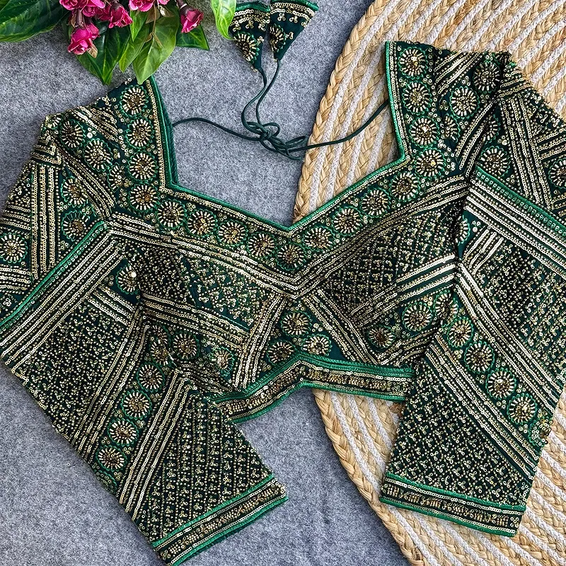 Green Color Heavy Beads Work Full Sleeve Georgette Blouse