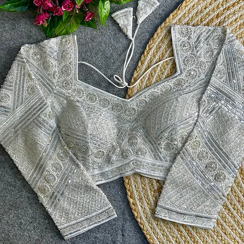 Silver Color Heavy Beads Work Full Sleeve Georgette Blouse