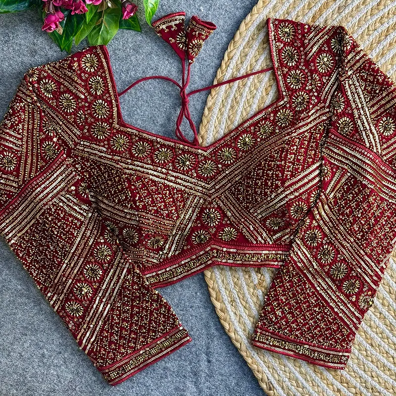 Maroon Color Heavy Beads Work Full Sleeve Georgette Blouse
