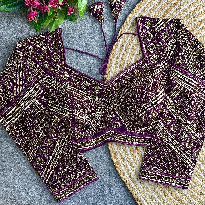 Wine Color Heavy Beads Work Full Sleeve Georgette Blouse