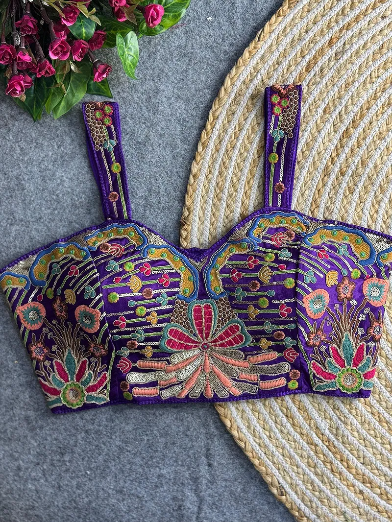 Purple Color Navratri Special Gaji Silk Embroidered Designer Blouse