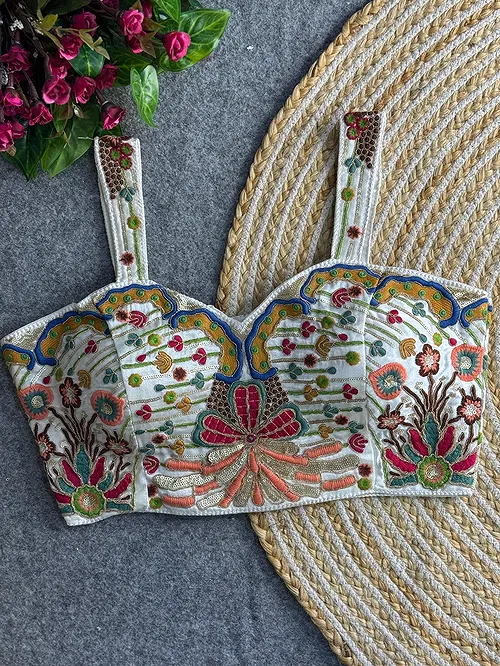 White Color Navratri Special Gaji Silk Embroidered Designer Blouse