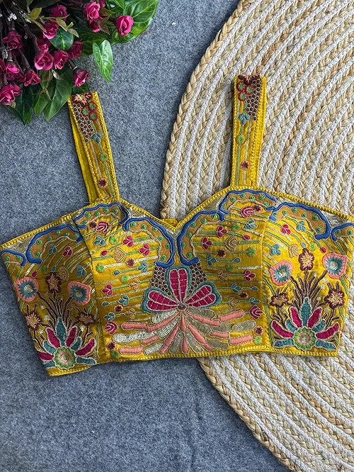 Yellow Color Navratri Special Gaji Silk Embroidered Designer Blouse