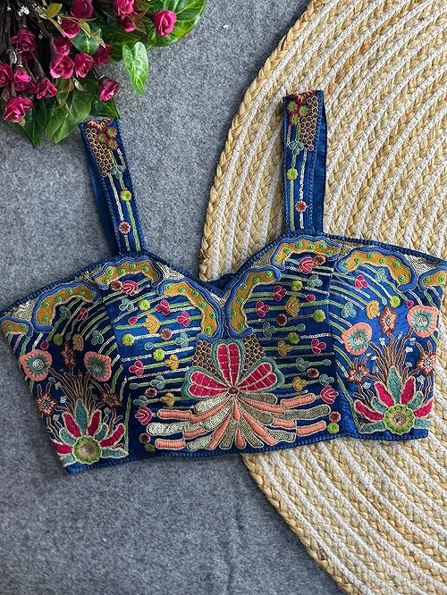 Blue Color Navratri Special Gaji Silk Embroidered Designer Blouse