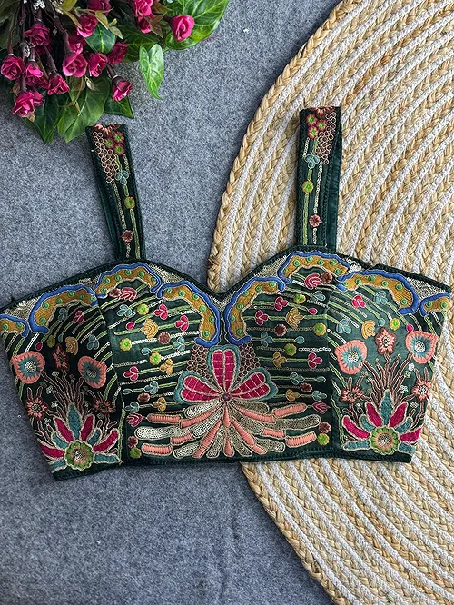 Green Color Navratri Special Gaji Silk Embroidered Designer Blouse