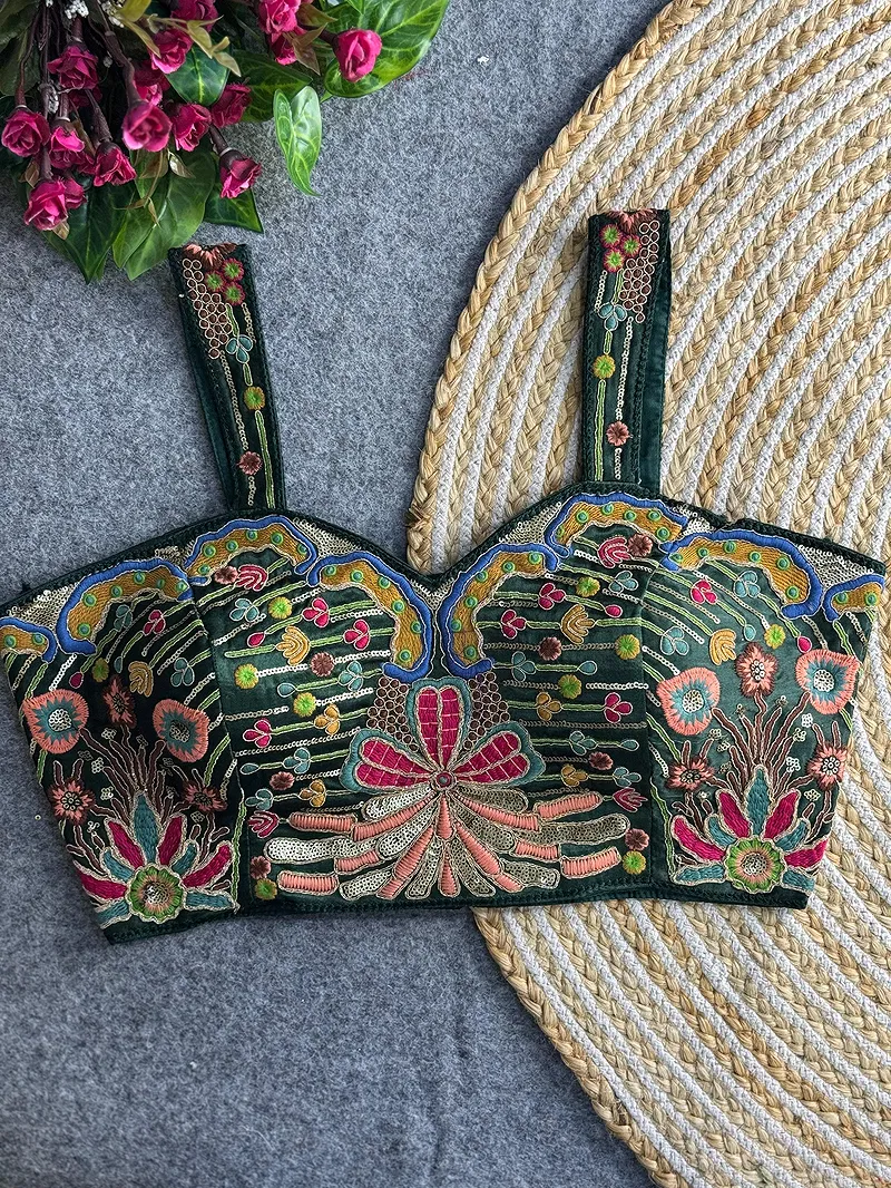 Green Color Navratri Special Gaji Silk Embroidered Designer Blouse