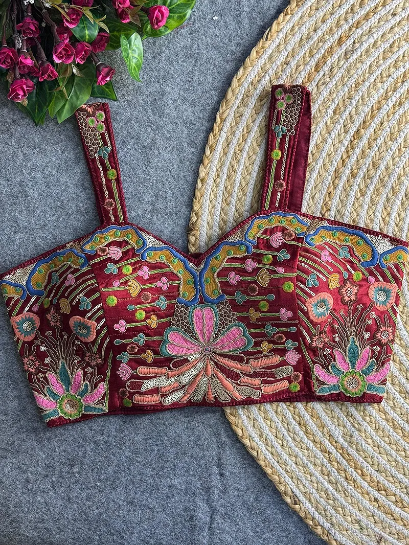 Maroon Color Navratri Special Gaji Silk Embroidered Designer Blouse