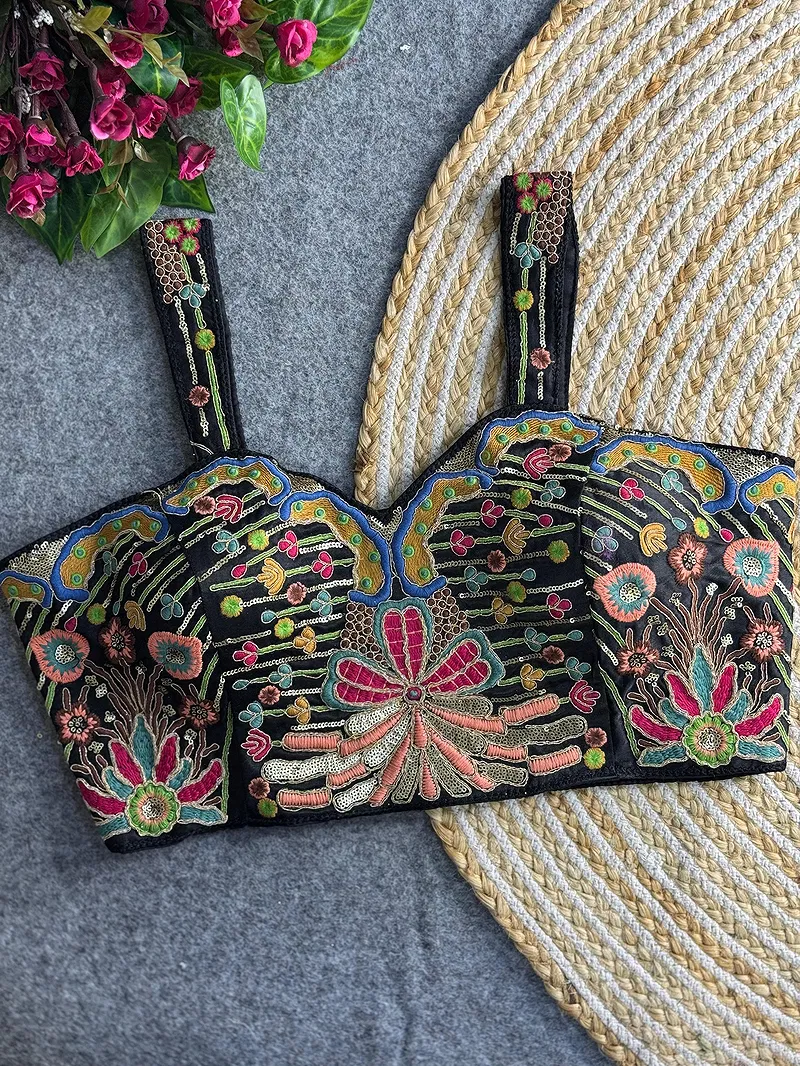 Black Color Navratri Special Gaji Silk Embroidered Designer Blouse