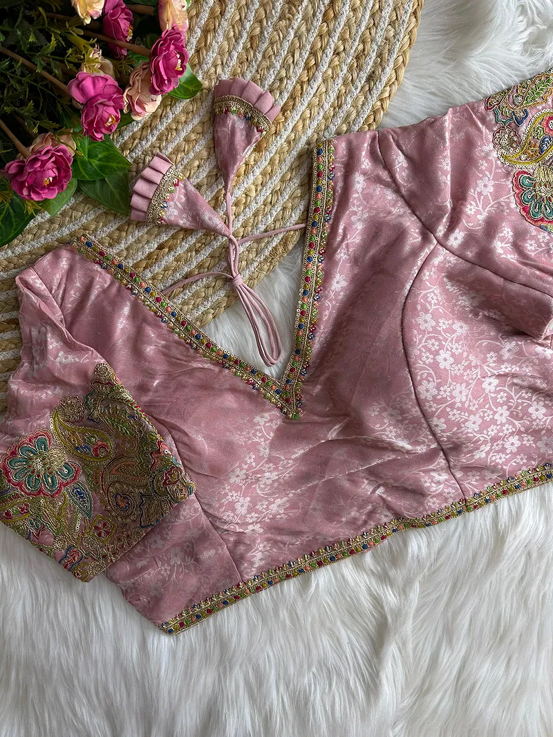 Pink Color V-Neck Heavy Embroidery Blouse