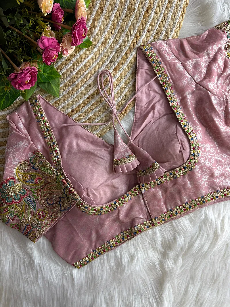 Pink Color V-Neck Heavy Embroidery Blouse