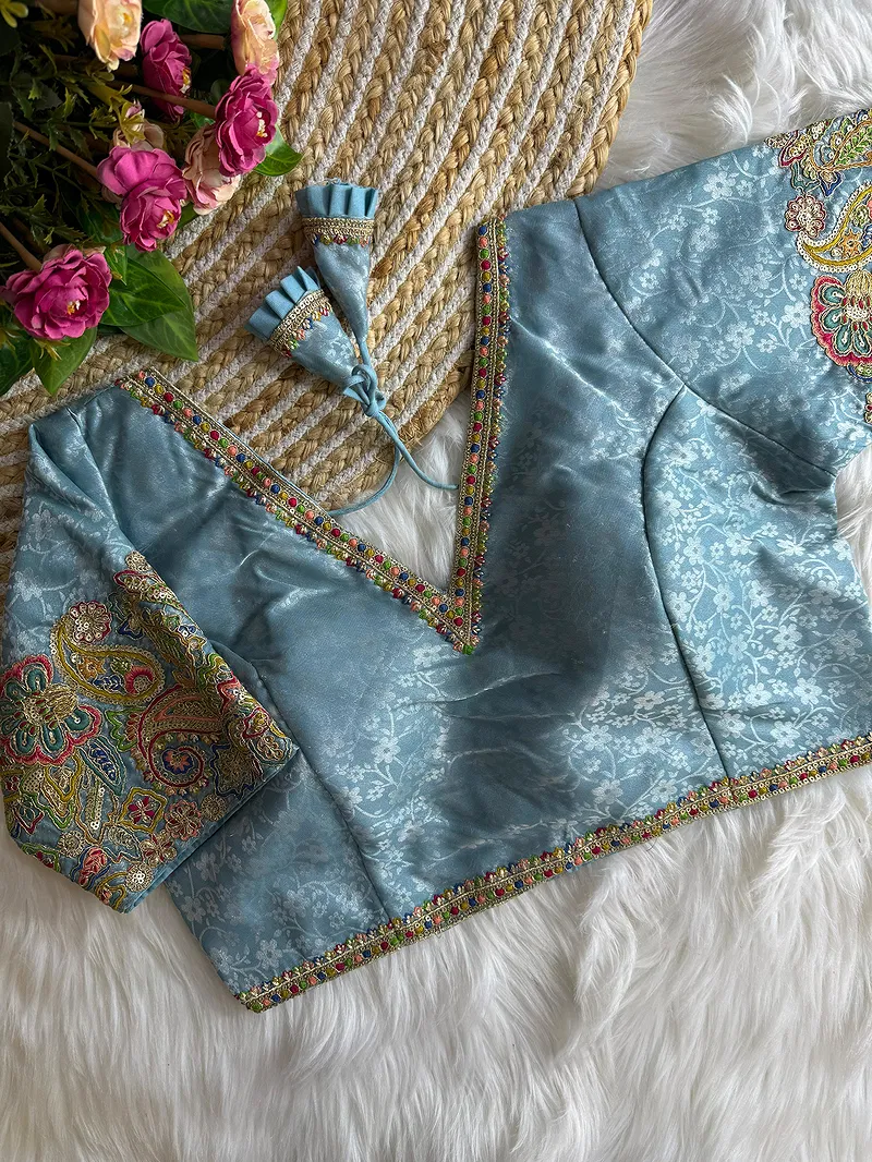 Light Blue Color V-Neck Heavy Embroidery Blouse