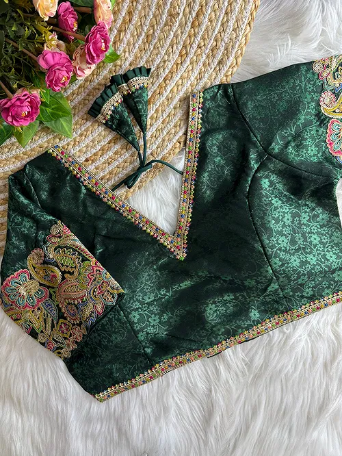 Bottle Green Color V-Neck Heavy Embroidery Blouse