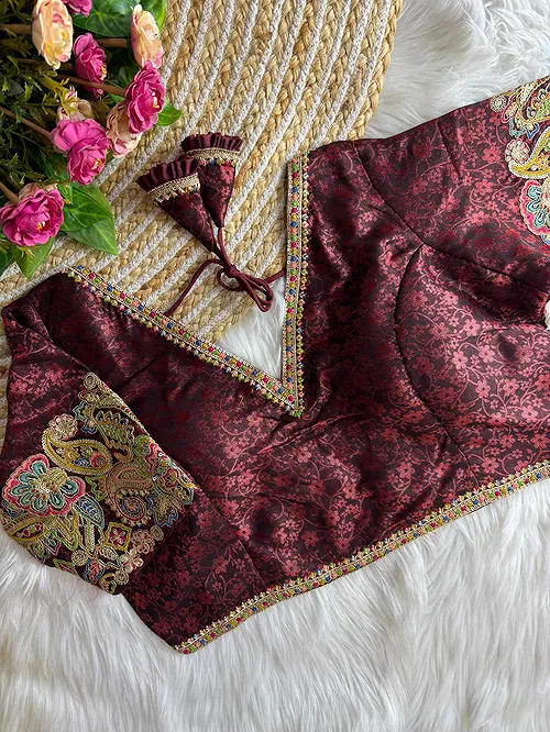 Maroon Color V-Neck Heavy Embroidery Blouse