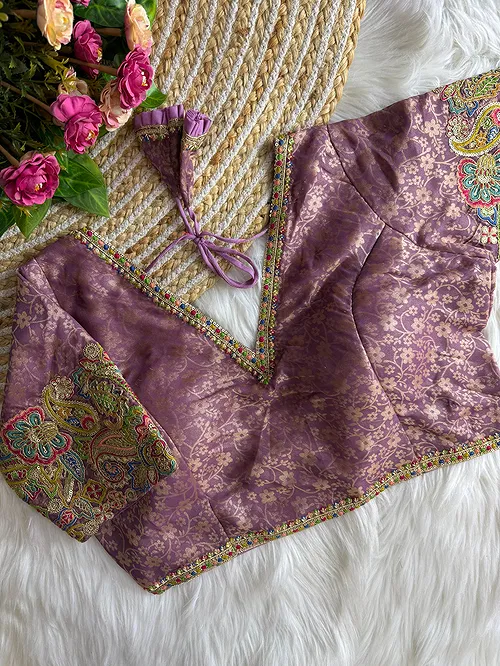 Onion Pink Color V-Neck Heavy Embroidery Blouse